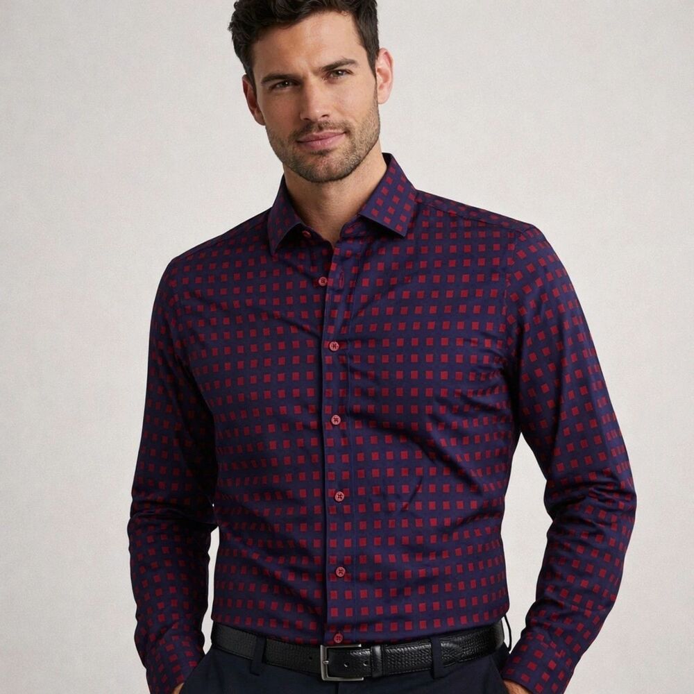 Medium-BESPOKE Men's  Geometric Print Burgundy Red Navy Dress Shirt Long Sleeve